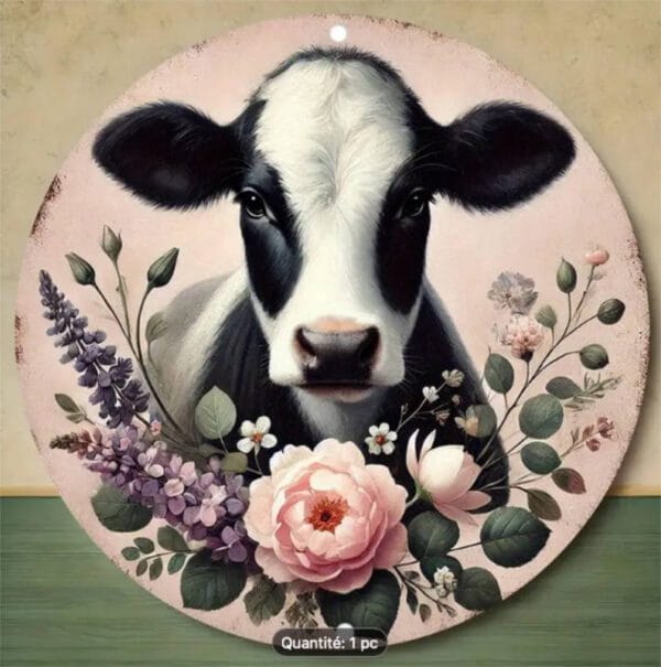 Panneau rond en Aluminium fond rose Vache noire et blanche