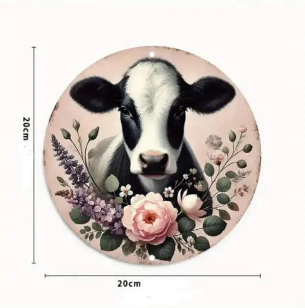 Panneau rond en Aluminium fond rose Vache noire et blanche avec dimensions