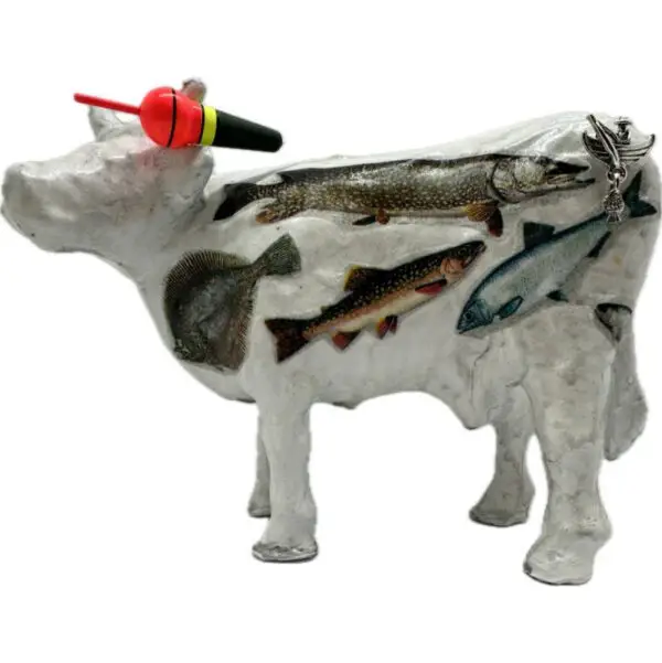 Vache décorative la PisciCOWle, une vache en papier pressé, avec un collage représentant des poissons