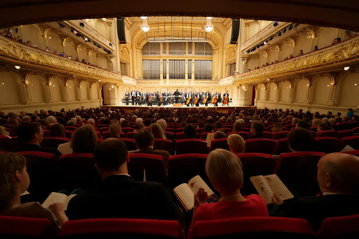 Salle de concert parisienne préparée pour le Nouvel An