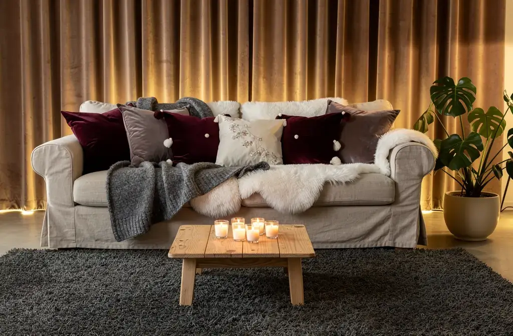 Canapé ultra cosy avec plaids, coussins et textiles moelleux