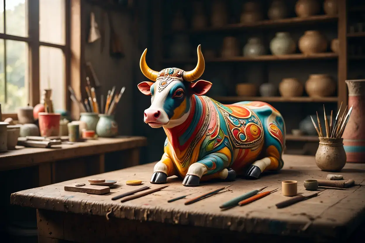 Artisan créant une vache décorée