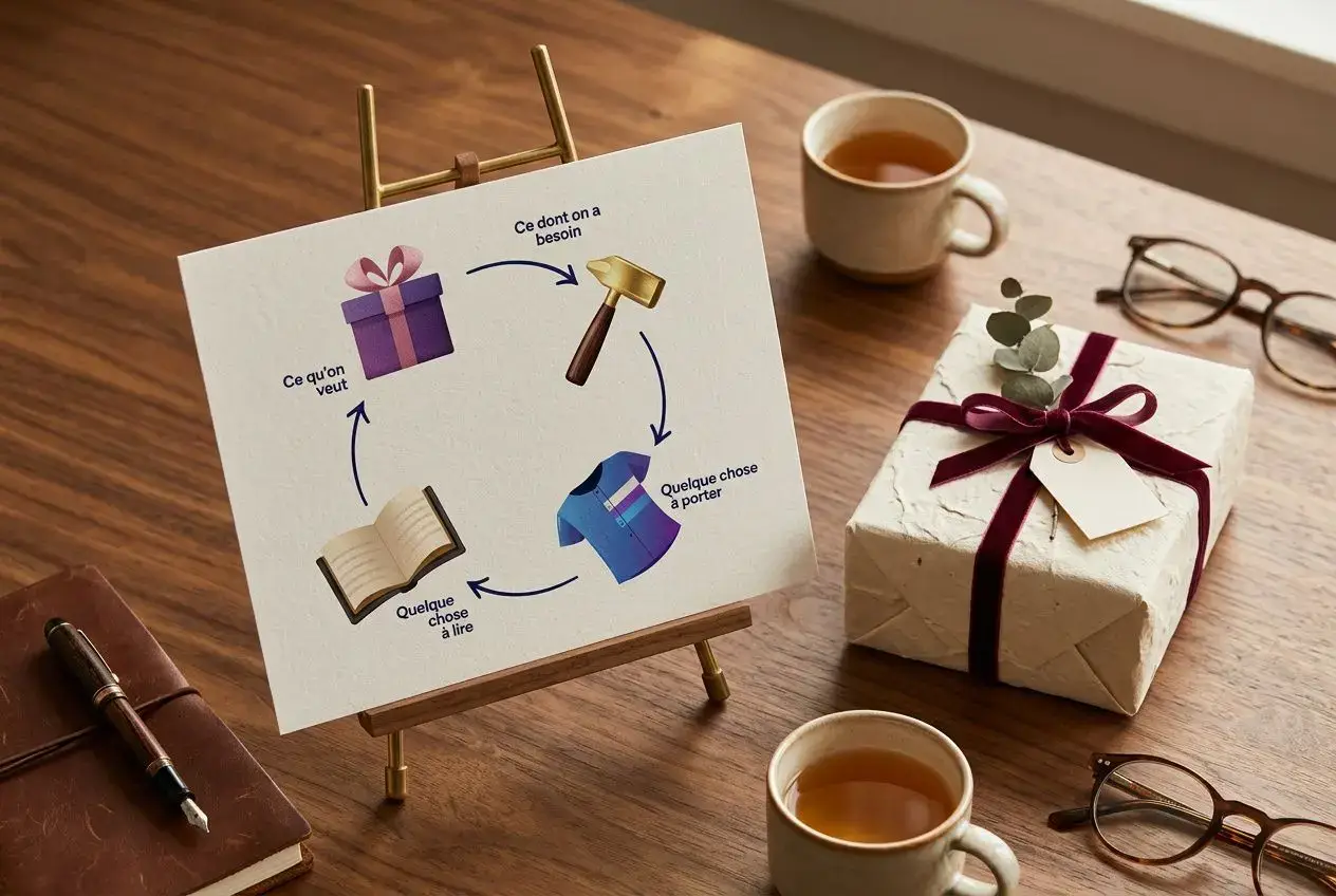 Une affiche illustrant un cycle de l’achat: un cadeau emballé sur une table, tasses, lunettes et carnet autour, plaque expliquant le processus. Où trouver cadeaux artisanaux.
