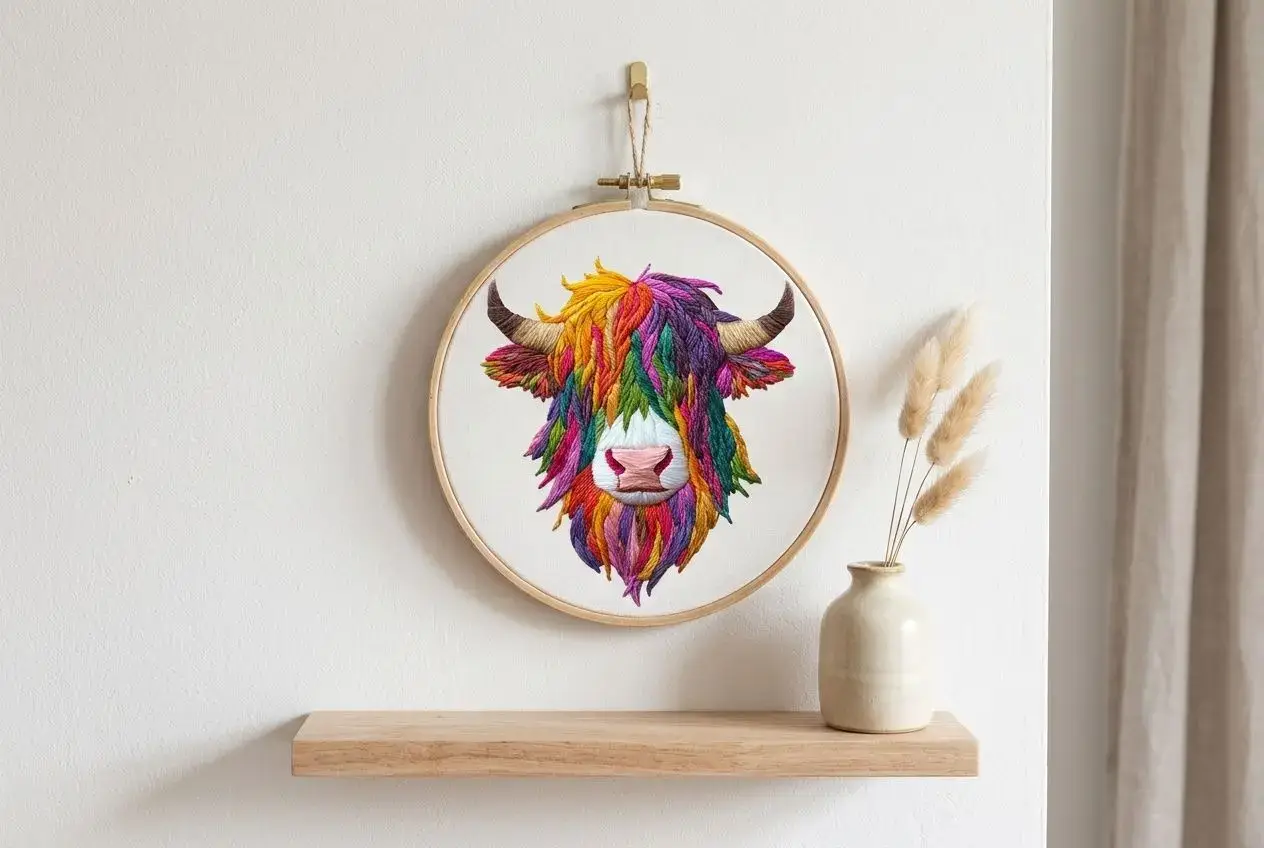 Broderie tambour vache Highland colorée accrochée sur un mur blanc dans une chambre féminine tendance.