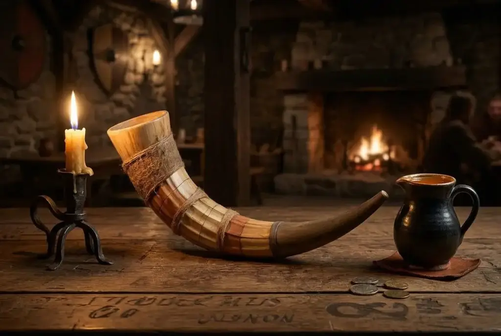 Corne à boire viking posée sur une table en bois rustique dans une ambiance de taverne médiévale.