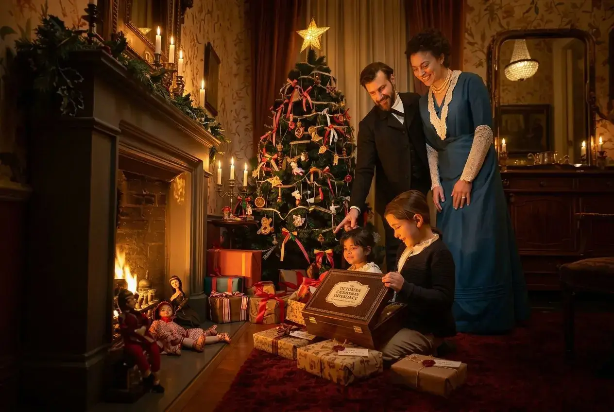 Famille en costume victorien découvrant des cadeaux au pied d'un sapin décoré dans un manoir chaleureux.