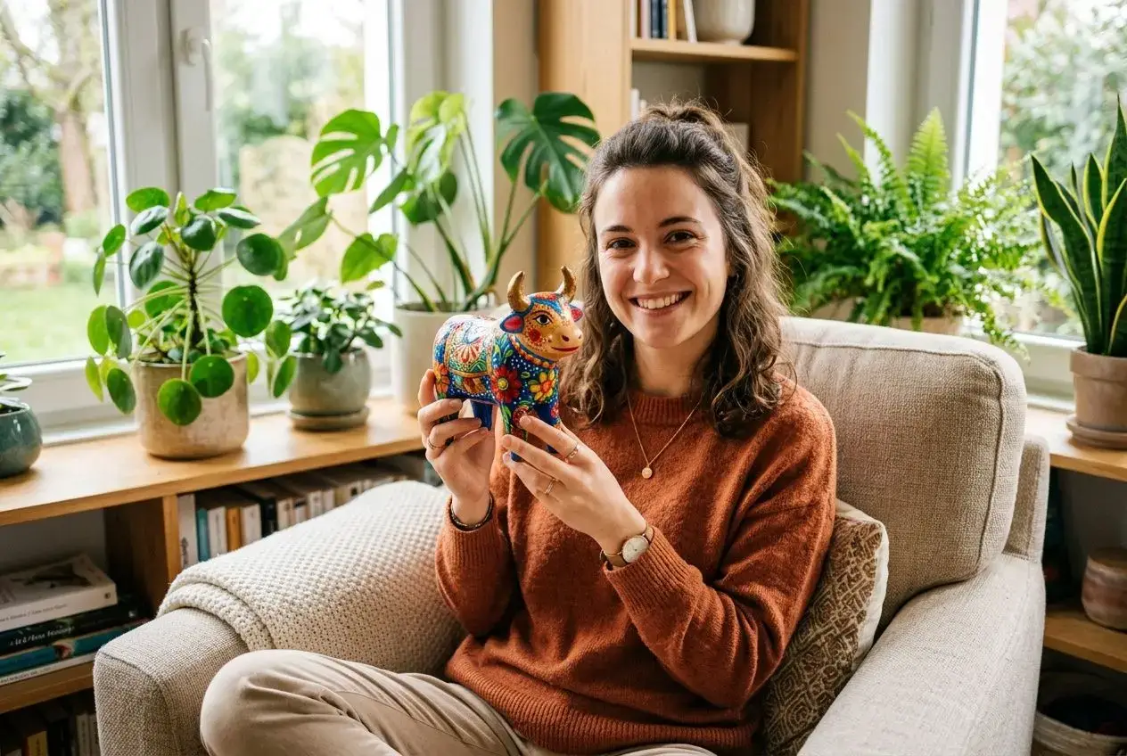 Une femme souriante assise sur un canapé, tenant une petite figurine colorée de taureau décoratif, dans un intérieur lumineux avec plantes. petite attention pour remonter le moral.