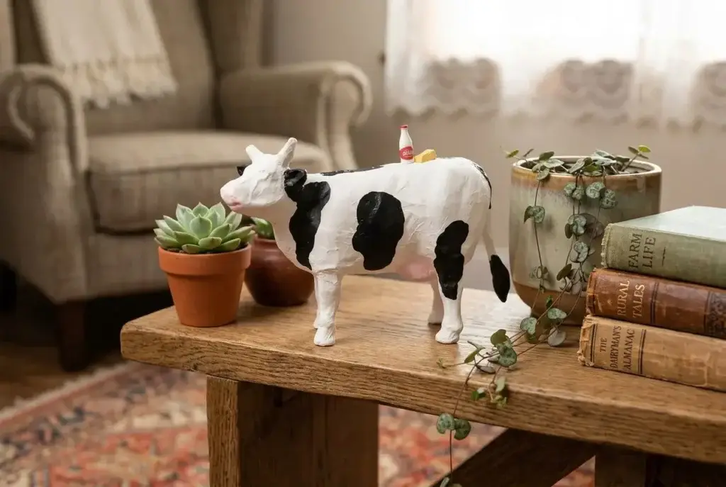 Figure décorative d’une vache en céramique au design noir et blanc posée sur une table en bois, entourée de plantes et de livres. Un petit décor “objet cool à avoir dans sa maison” tendance.