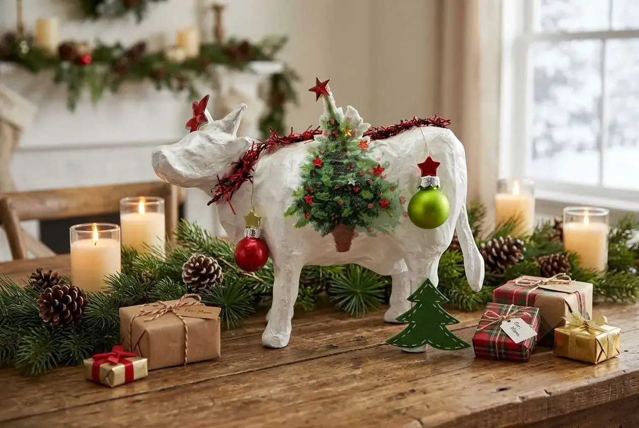 Figurine vache en papier mâché décorée sur une table de Noël en bois avec des branches de sapin et des bougies.