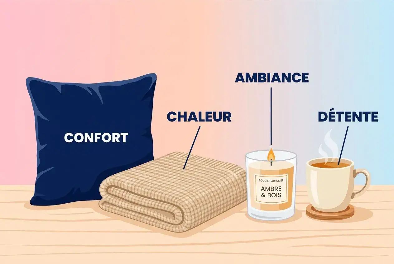 Garnissage confortable: une grande étoffe bleu nuit, une couverture moelleuse accompagnée d’une bougie parfumée et d’une tasse fumante pour une ambiance détente. Objet cool à avoir dans sa maison.