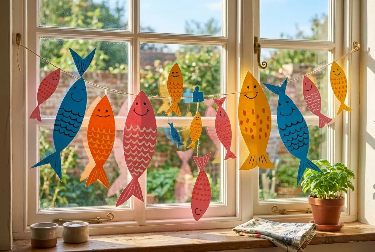Guirlande de poissons colorés et souriants suspendue devant une fenêtre ensoleillée de cuisine.