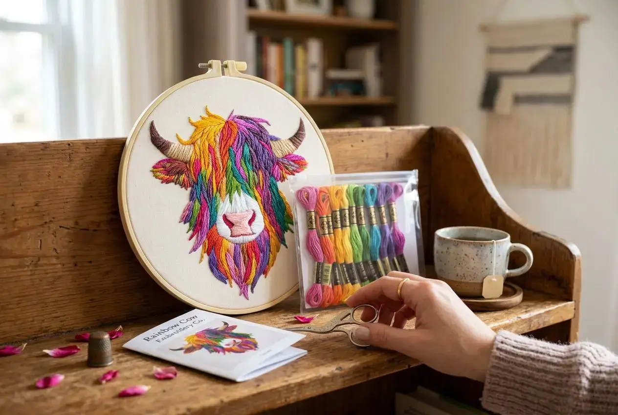 Kit de broderie vache Highland colorée posé sur une étagère en bois avec du thé et des fils colorés.