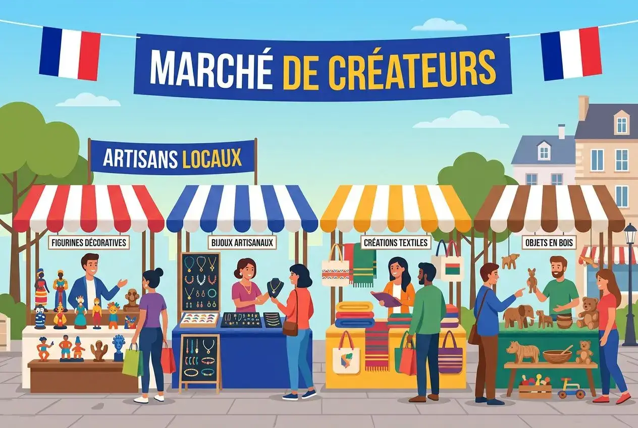 Marché de créateurs avec stands d’artisans locaux vendant figurines, bijoux, créations textiles et objets en bois. où trouver cadeaux artisanaux