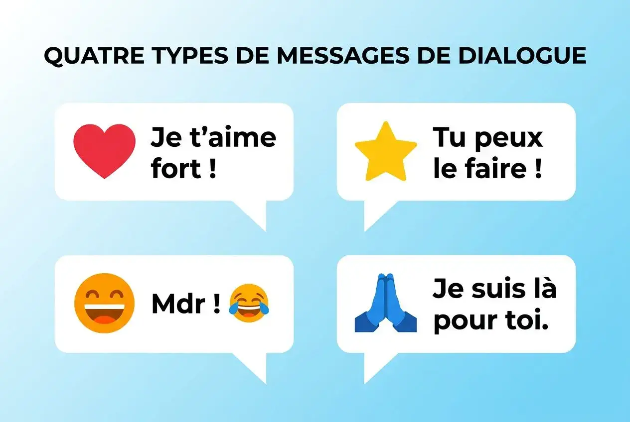 Quatre bulles de dialogue sur fond dégradé bleu: messages de soutien avec icônes (cœur, étoile, sourire, mains en prière) et texte positif pour remonter le moral. Petite attention pour remonter le moral.