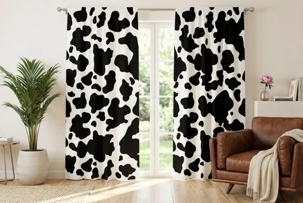 Rideaux imprimé vache noir et blanc dans un salon moderne et féminin.
