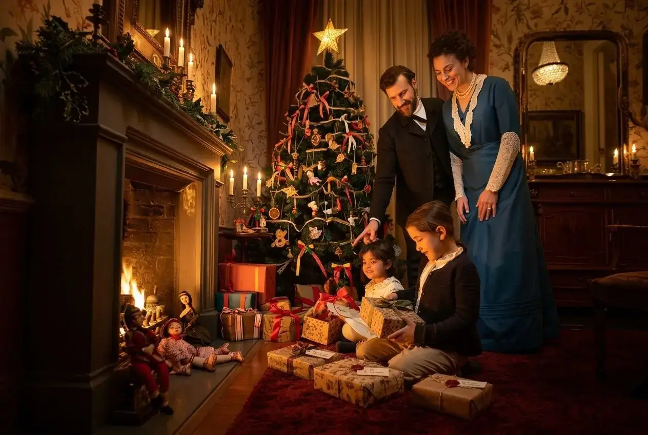 Sapin de Noël fait main décoré d'ornements artisanaux dans un salon chaleureux en famille.