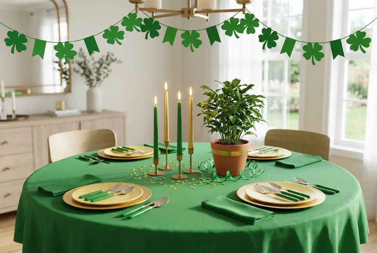 Table ronde verdoyante décorée pour une ambiance festive, plante en pot et bougies au centre, un objet cool à avoir dans sa maison.