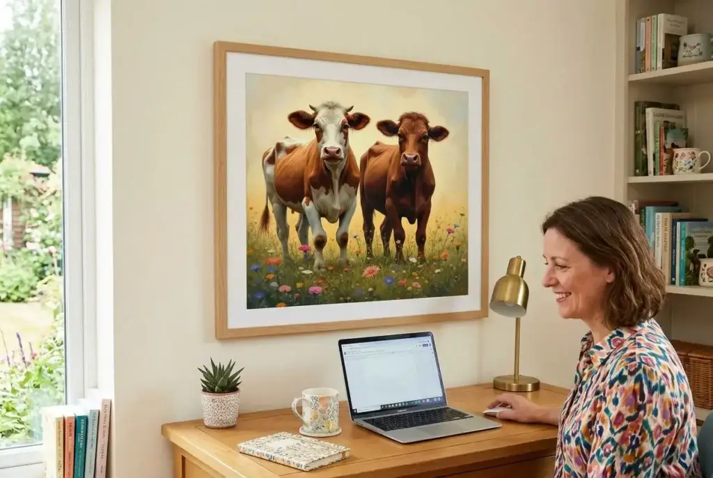 Tableau décoratif de vaches dans un pré fleuri accroché dans un bureau féminin et coloré.