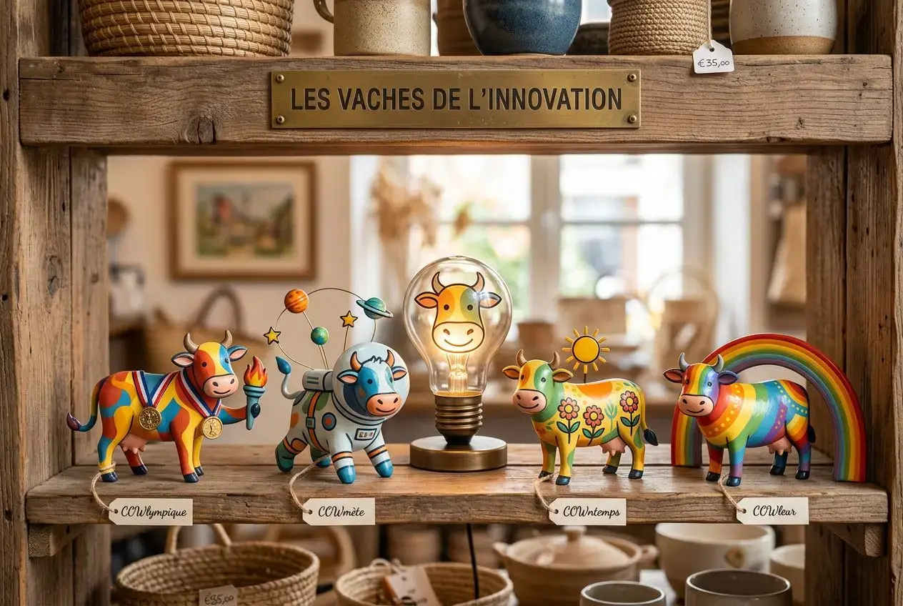 Vitrine en bois with figurines de vaches colorées et ampoule en centre, signe “Les vaches de l’innovation” au-dessus. Où trouver cadeaux artisanaux intégré.