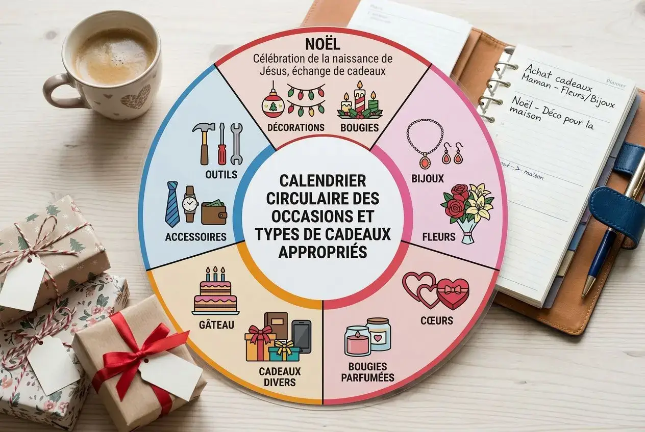 Cadeau personnalisé pas cher pour femme: roue circulaire des occasions et types de cadeaux adaptés, avec bijoux, fleurs et décorations.
