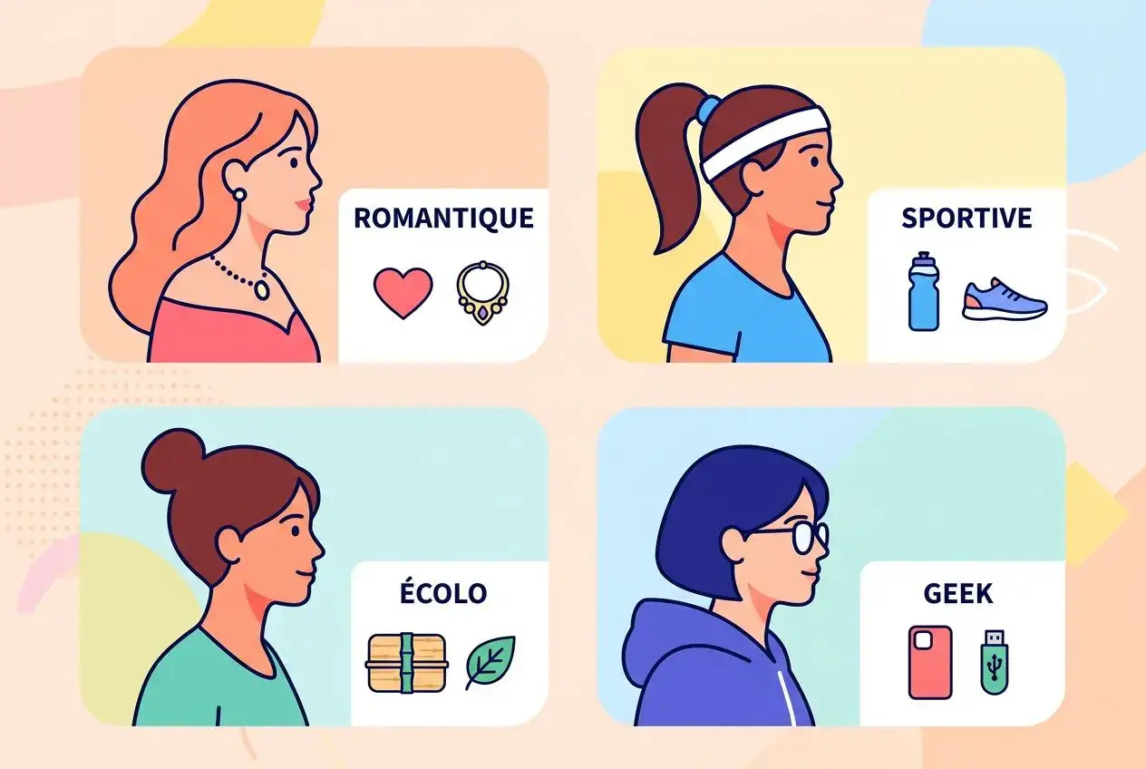 Cadeaux personnalisés pas cher pour femme illustrés: quatre profils féminins par thème (romantique, sportive, écolo, geek) avec objets symboliques.