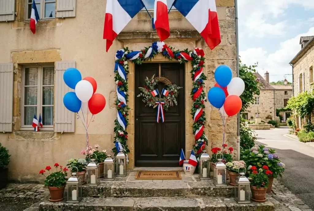 Façade de maison décorée pour le 8 mai avec guirlandes tricolores, drapeaux français et ballons bleu blanc rouge devant une porte noire.