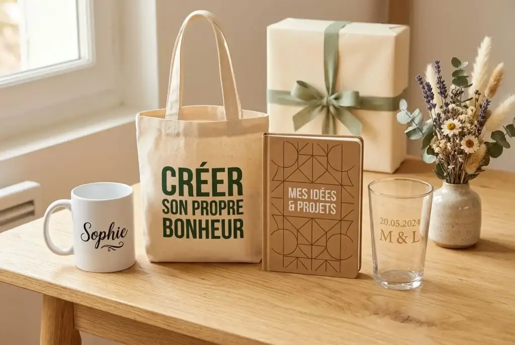 Sac réutilisable avec texte « CRÉER SON PROPRE BONHEUR », boîte cadeau et tasse personnalisée avec prénom Sophie, décor floral. cadeau personnalisé pas cher pour femme.