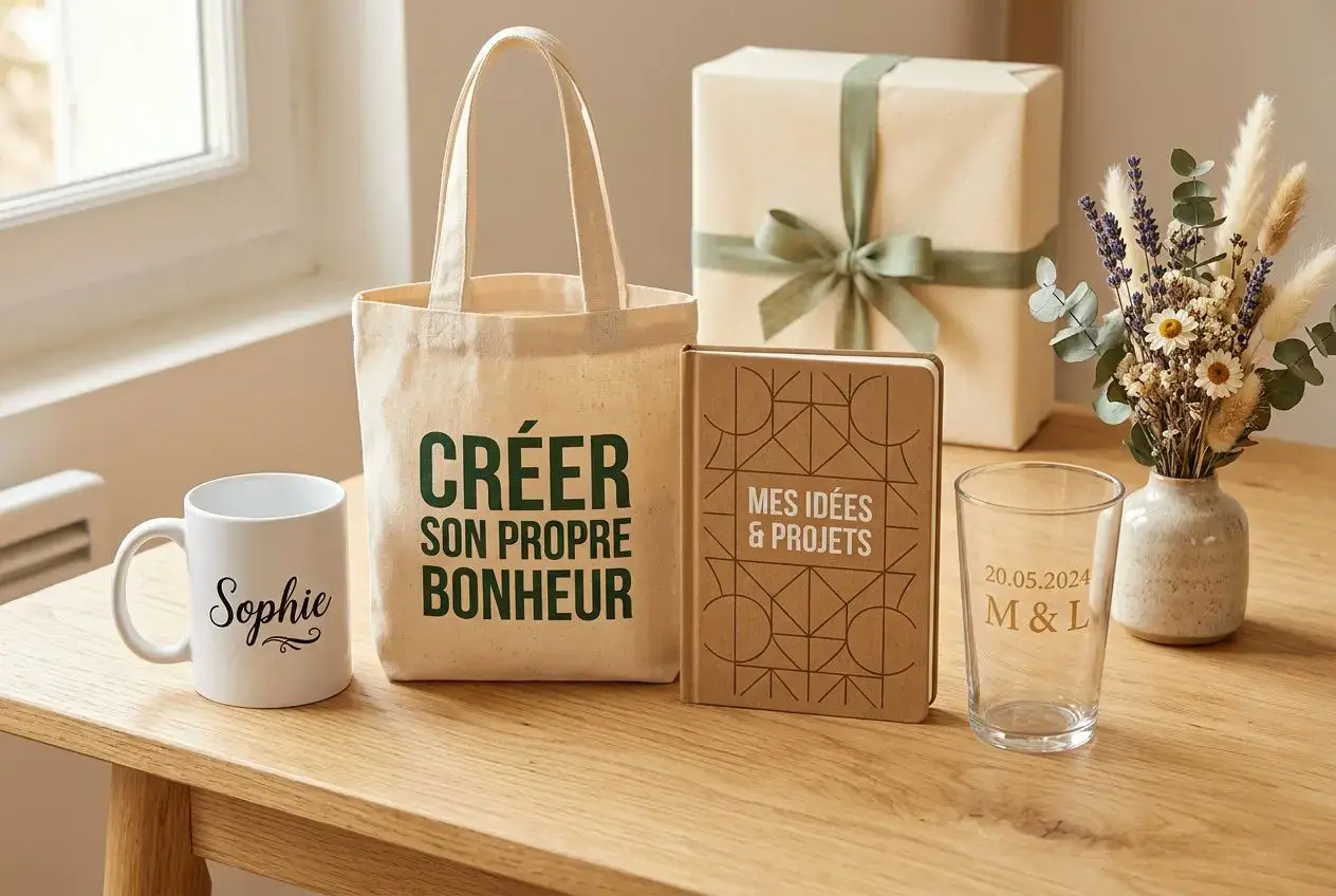 Sac réutilisable avec texte « CRÉER SON PROPRE BONHEUR », boîte cadeau et tasse personnalisée avec prénom Sophie, décor floral. cadeau personnalisé pas cher pour femme.