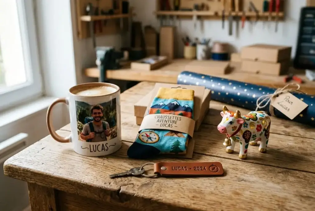 Tasse personnalisée avec photo et prénom Lucas, chaussettes et porte-clés personnalisés pas chers pour homme sur un établi de bricolage.