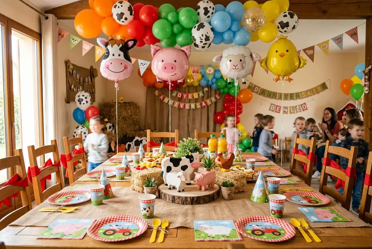 Décoration animaux anniversaire sur thème ferme avec balons colorés, animaux en décor et table festive pour enfants.