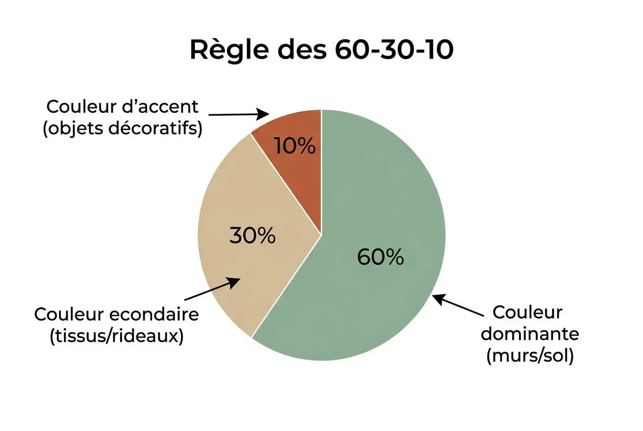 Diagramme montrant la règle des 60-30-10 pour les couleurs en déco: 60% couleur dominante, 30% couleur secondaire, 10% couleur d’accent adaptée au contexte personnalisé tendance déco.