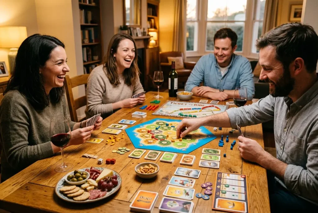 Quatre amis jouent à un jeu de société autour d’une table; verres de vin, snacks et rires, ambiance conviviale. Rigolo adulte.
