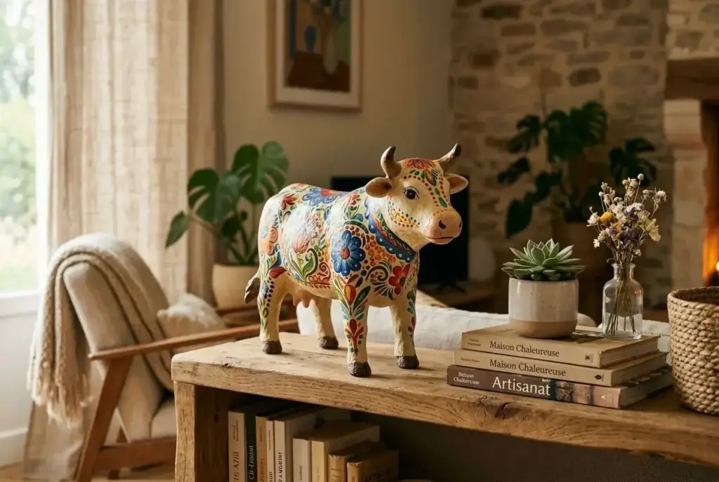 Statue décorative en forme de vache colorée posée sur une table en bois, avec livres, plante et fleurs autour dans un salon chaleureusement décoré. Décoration murale animaux 3d intégrée intuitivement.