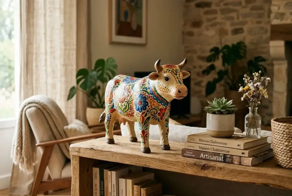 Vache décorative peinte à motifs colorés sur une table en bois, entourée de livres, plante et verrerie, ambiance maison chaleureuse, idéal cadeau fait main adulte