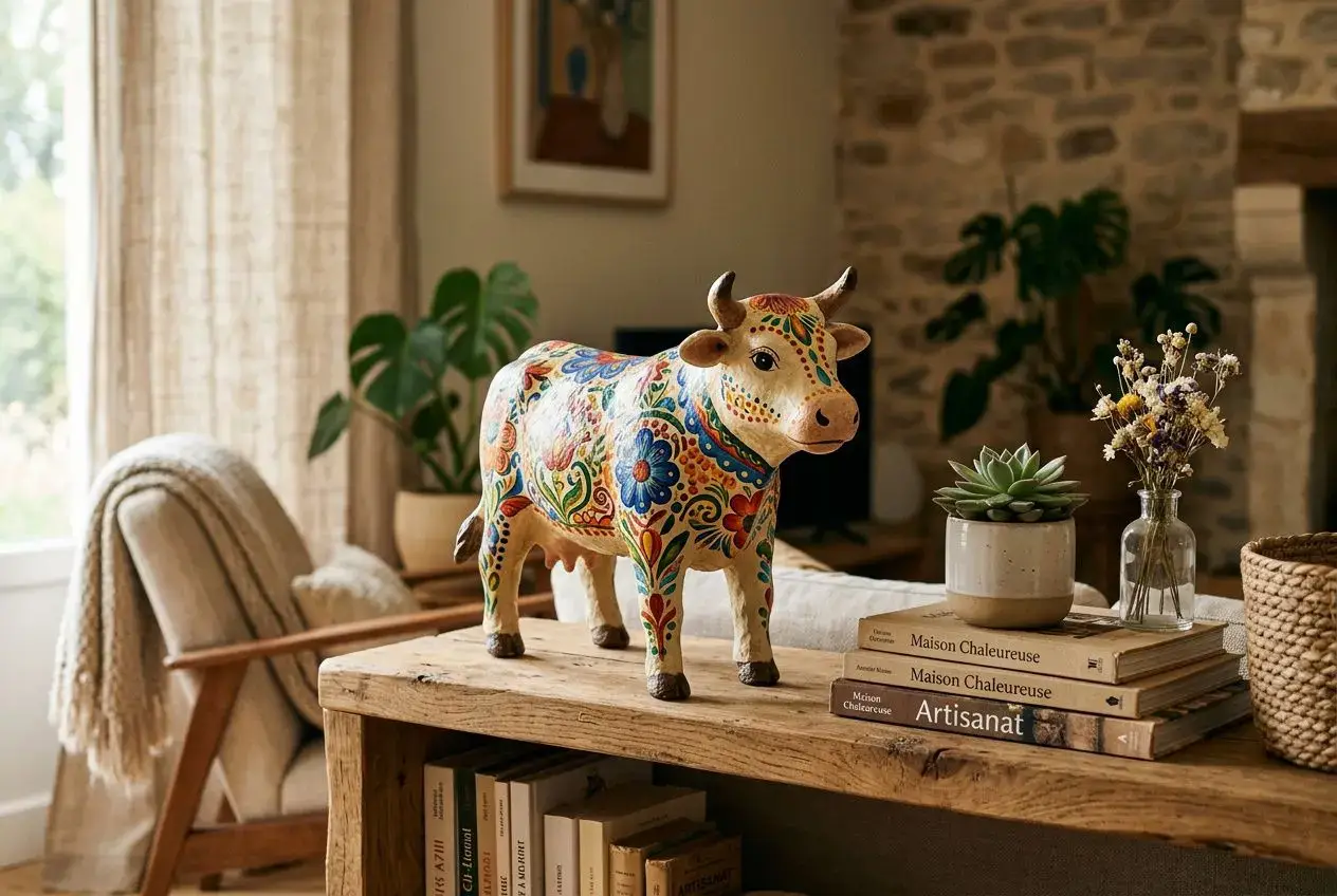 Vache décorative peinte à motifs colorés sur une table en bois, entourée de livres, plante et verrerie, ambiance maison chaleureuse, idéal cadeau fait main adulte