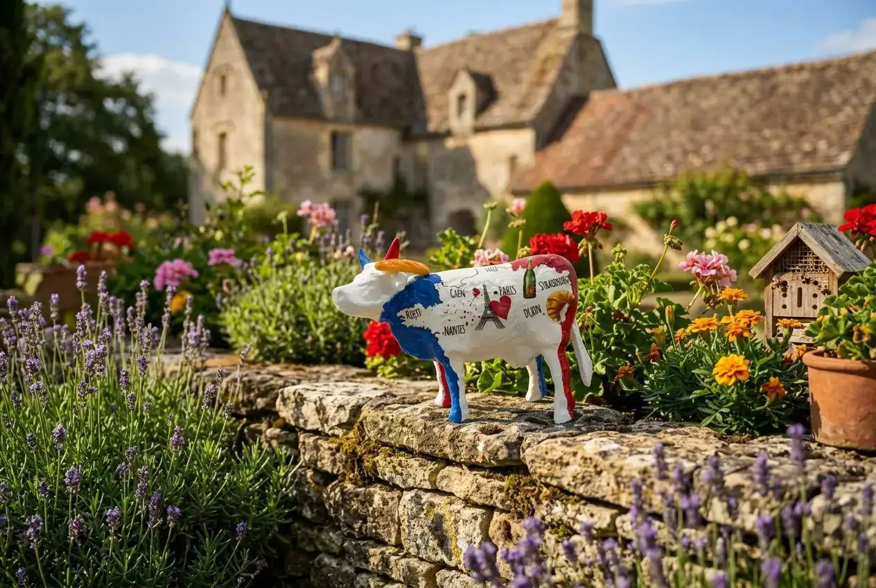 Bovin décoratif en résine peint, posé sur une murette en pierres près d’un jardin fleuri et d’un bâtiment ancien. décoration animaux de jardin inclusão.