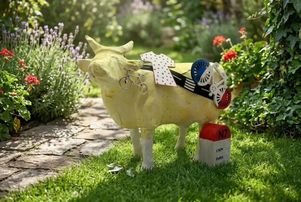 Décoration jardin animaux résine: sculpture de cochon en résine jaune avec accessoires colorés sur le dos, sur pelouse près de fleurs.