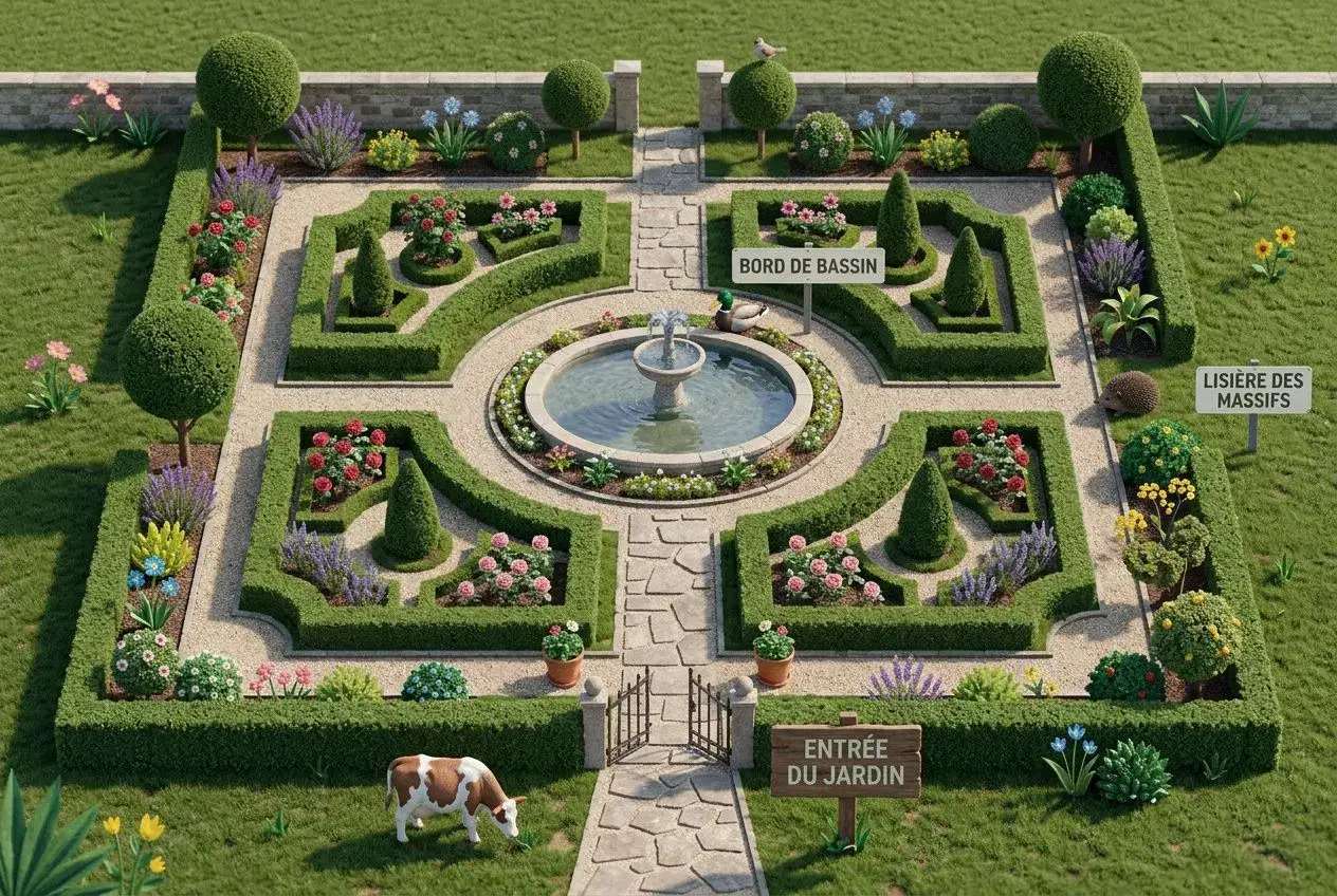 Jardin en damier floral avec fontaine centrale, allées en pierre et statues de haies sculptées, bords de bassin, entrée du jardin, et un cheval horse en bas à gauche près de la clôture. Décoration jardin animaux résine intégrée.