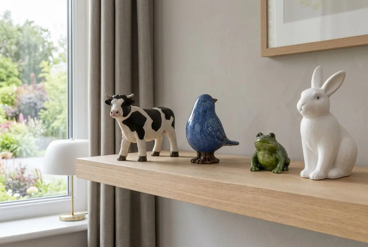 Quantités de figurines décoratives sur une étagère en bois près d'une fenêtre lumineuse: vache noire et blanche, petit oiseau bleu et grenouille verte, lapin blanc en faïence. Ingénieux éclairage naturel.