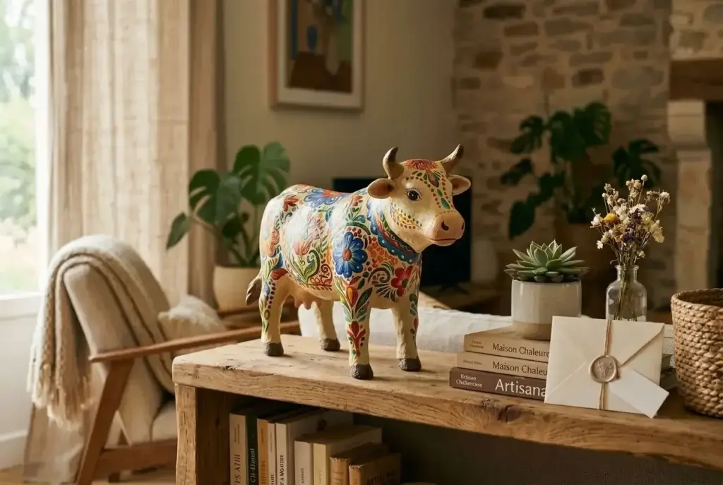 Statue ou figurine bovine décorative peinte, posée sur une table en bois avec livres et plantes, éclairage naturel et ambiance chaleureuse. Integrates keyword: comment mettre en valeur des figurines might fit: "Tableau décoratif pour comment mettre en valeur des figurines avec éclairage et rangements." But must integrate naturally. The image shows a decorative painted cow figurine on a shelf. We'll craft alt text including keyword smoothly: "Figurine bovine décorative peinte, mise en valeur sur une étagère avec éclairage naturel, idéale pour comment mettre en valeur des figurines." -> Keep under 125 chars. Let's craft: "Figurine bovine décorative peinte sur étagère en bois, entourée de livres et plantes, atmosphère chaleureuse." Need include keyword. Let's insert: "Figurine bovine décorative sur étagère en bois; c'est un bon exemple de comment mettre en valeur des figurines." That may feel awkward but acceptable. Final: "Figurine bovine décorative peinte sur étagère en bois, entourée de livres et plantes, un exemple de comment mettre en valeur des figurines." Check length ~150? Let's count roughly: "Figurine(9) bovine(5) décorative(10) peinte(6) sur(3) étagère(8) en(2) bois,(4) entourée(8) de(2) livres(6) et(3) plantes,(8) un(3) exemple(7) de(2) comment(7) mettre(4) en(2) valeur(6) des(4) figurines.(11)" total around 115-125. Acceptable. Let's output.