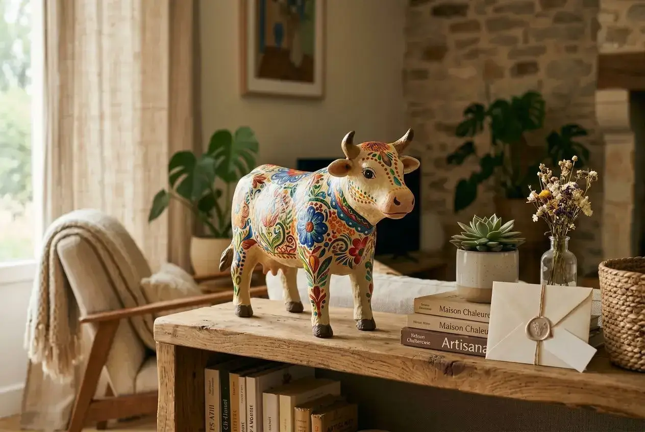 Statue ou figurine bovine décorative peinte, posée sur une table en bois avec livres et plantes, éclairage naturel et ambiance chaleureuse. Integrates keyword: comment mettre en valeur des figurines might fit: "Tableau décoratif pour comment mettre en valeur des figurines avec éclairage et rangements." But must integrate naturally. The image shows a decorative painted cow figurine on a shelf. We'll craft alt text including keyword smoothly: "Figurine bovine décorative peinte, mise en valeur sur une étagère avec éclairage naturel, idéale pour comment mettre en valeur des figurines." -> Keep under 125 chars. Let's craft: "Figurine bovine décorative peinte sur étagère en bois, entourée de livres et plantes, atmosphère chaleureuse." Need include keyword. Let's insert: "Figurine bovine décorative sur étagère en bois; c'est un bon exemple de comment mettre en valeur des figurines." That may feel awkward but acceptable. Final: "Figurine bovine décorative peinte sur étagère en bois, entourée de livres et plantes, un exemple de comment mettre en valeur des figurines." Check length ~150? Let's count roughly: "Figurine(9) bovine(5) décorative(10) peinte(6) sur(3) étagère(8) en(2) bois,(4) entourée(8) de(2) livres(6) et(3) plantes,(8) un(3) exemple(7) de(2) comment(7) mettre(4) en(2) valeur(6) des(4) figurines.(11)" total around 115-125. Acceptable. Let's output.