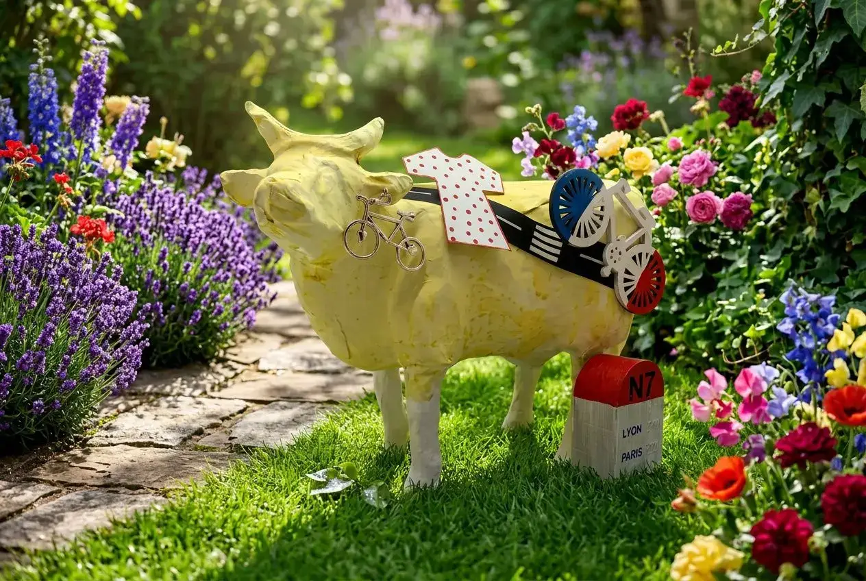 Statue en résine d’un bélier jaune décoré d’éléments colorés sur le dos, entouré de fleurs du jardin. Décoration animaux de jardin.