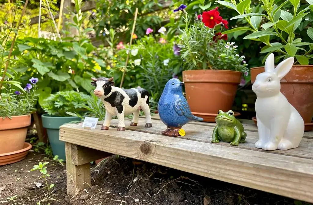 Statues et figurines décoratives en résine pour jardin: vache, oiseau bleu, grenouille et lapin blanc sur une table basse en bois entourée de pots et de fleurs. Décoration animaux de jardin.