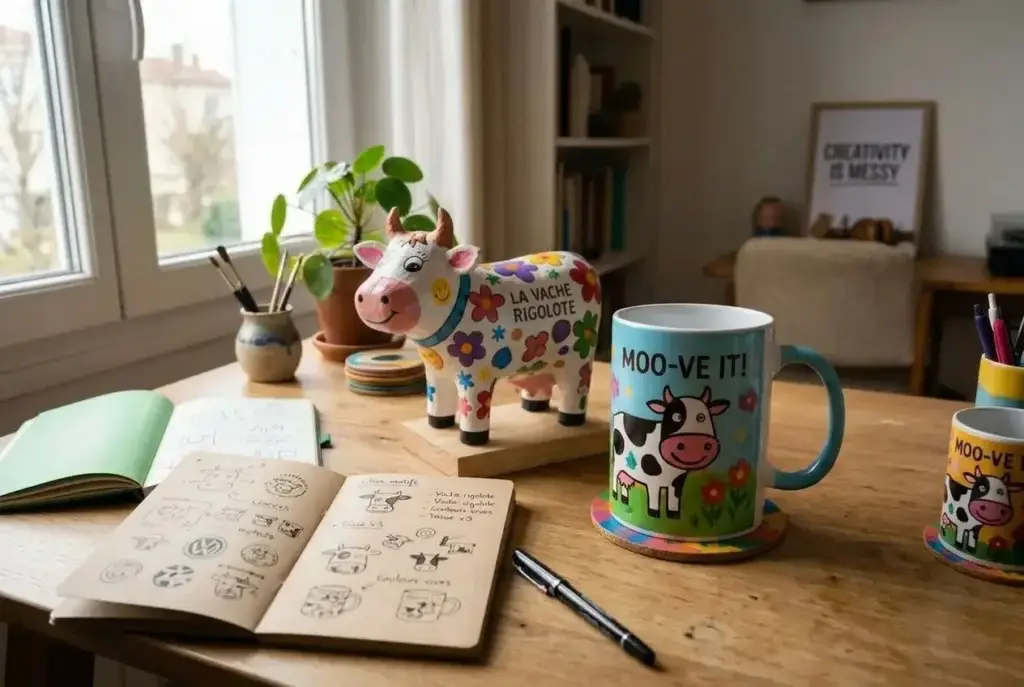 Tanteil d’articles colorés sur une table: une tasse illustrée “MOO-VE IT!”, un mug et une figurine vache décorative, carnet ouvert et plantes, ambiance déco maison de charme.
