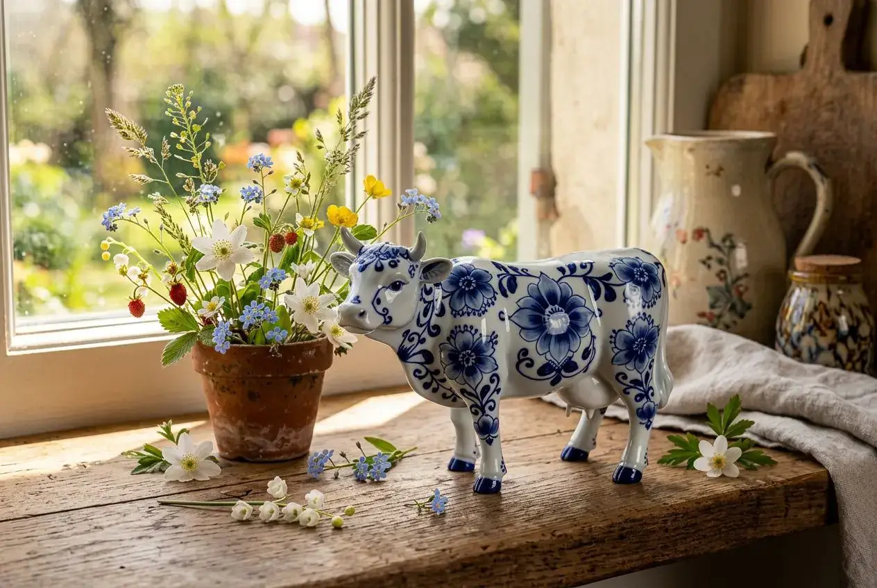 Vache décorative bleue et blanche près d’un petit vase de fleurs sur une fenêtre, exposition artisanale de collection. (intègre: comment mettre en valeur des figurines)