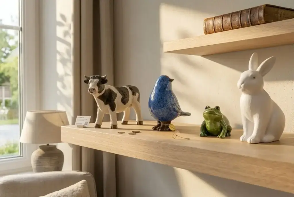 Vitrine de décorations animales en céramique sur une étagère en bois: vache, oiseau bleu, grenouille et lapin blanc près d’une lampe. Proverbe drôle sur les animaux intégré.