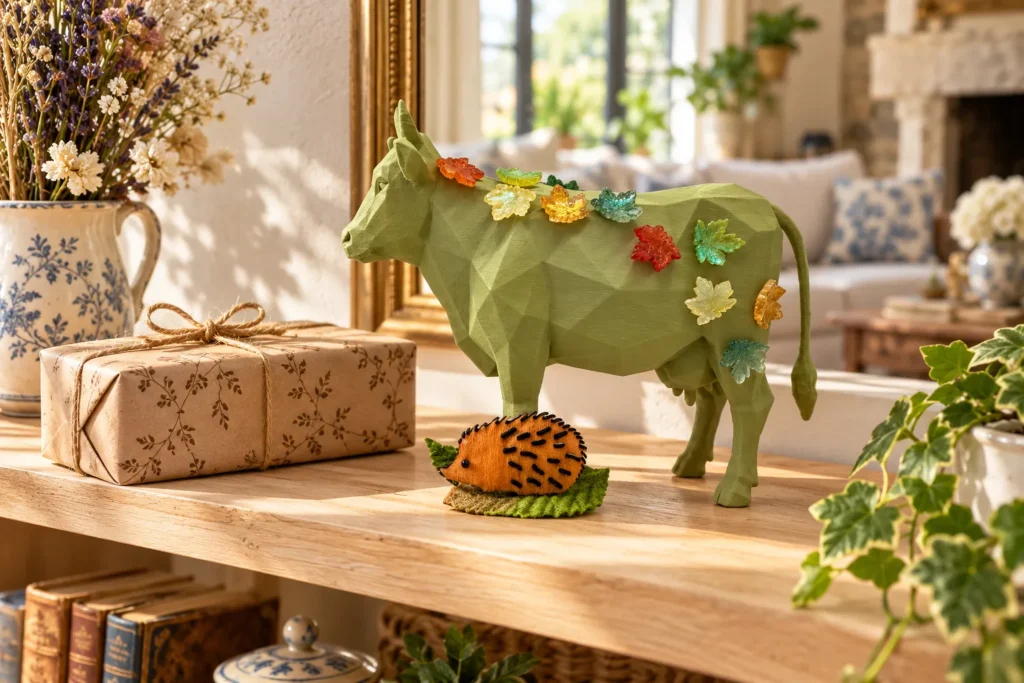 Statue en papier vert décorée de feuilles multicolores sur une table, avec un paquet cadeau et une petite brosse orange à