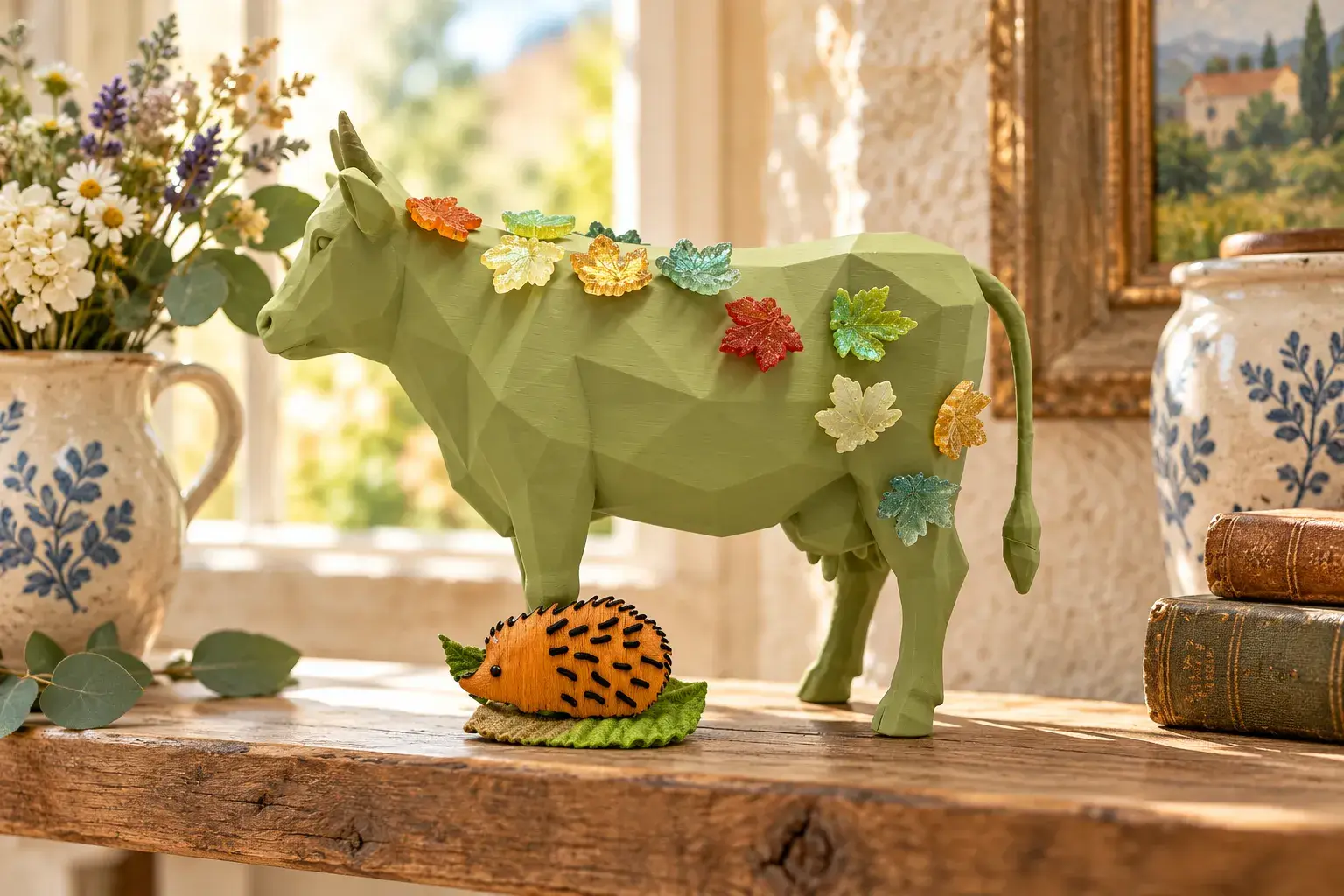 Statue de vache artisanale verte sur une table en bois, décorée de feuilles colorées et accompagnée d’un petit hérisson