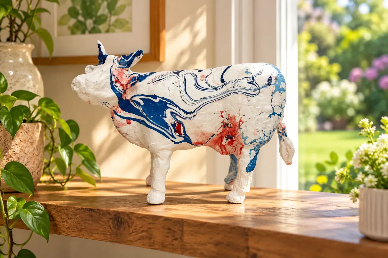 Vache en céramique blanche décorée de motifs bleus et rouges sur une table en bois près d’une fenêtre.